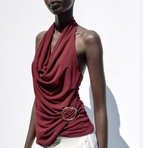 Zara Draped Halter Top in Burgundy with Gold Buckle